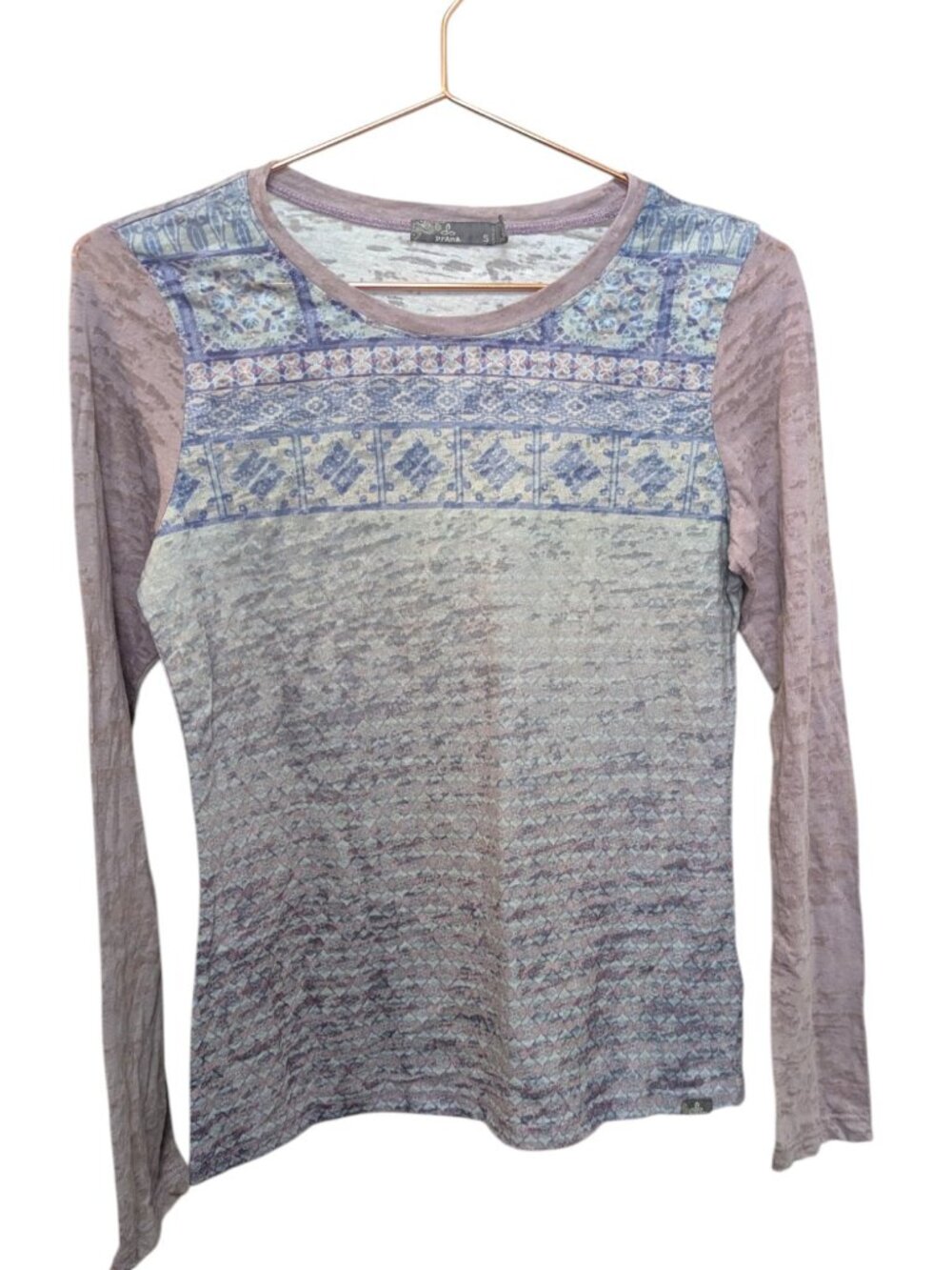 Prana Womens Small T-Shirt Top Purple Gray Crew Neck Long Sleeve Burnout USA